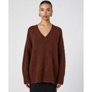 French Connection Fluffy Knit V-neck Jumper Sweater in Chocolate L